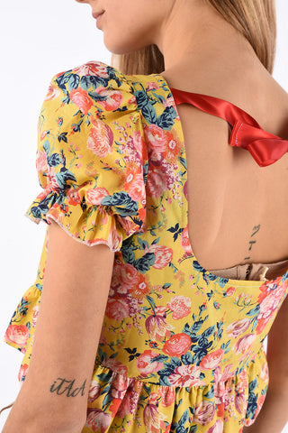 floral-print leg-o-mutton sleeve frill crop top