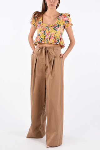 floral-print leg-o-mutton sleeve frill crop top
