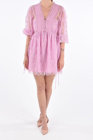 Mini Dress a Balze con Ricamo Floreale e Coulisse