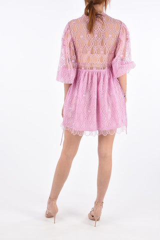 Mini Dress a Balze con Ricamo Floreale e Coulisse