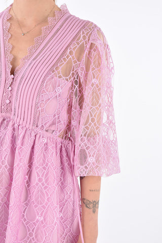 Mini Dress a Balze con Ricamo Floreale e Coulisse