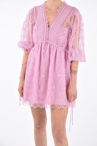 Mini Dress a Balze con Ricamo Floreale e Coulisse