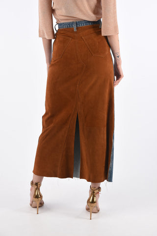 Denim and Leather 5 Pocket Midi Skirt