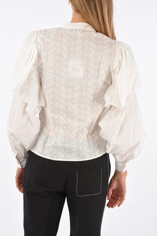 Embroidered Collarless Shirt with Ruffles