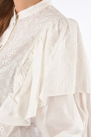 Embroidered Collarless Shirt with Ruffles