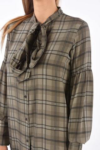 Tartan Silk Chemisier with Bow Neck