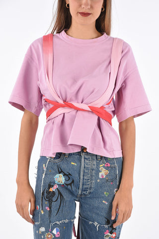 printed logo crewneck obi belt t-shirt