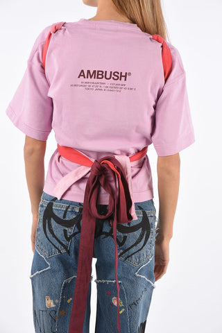 printed logo crewneck obi belt t-shirt