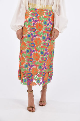 Floral Embroidered High Waist Midi Skirt