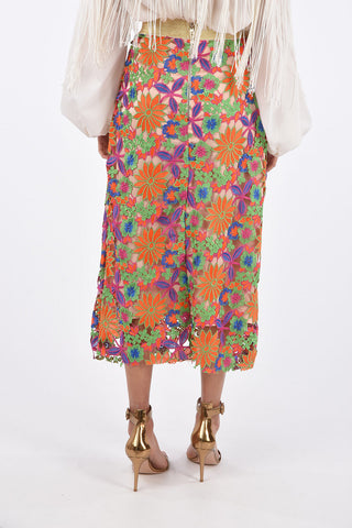 Floral Embroidered High Waist Midi Skirt