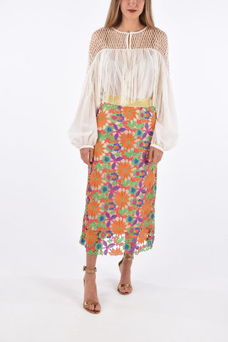 Floral Embroidered High Waist Midi Skirt