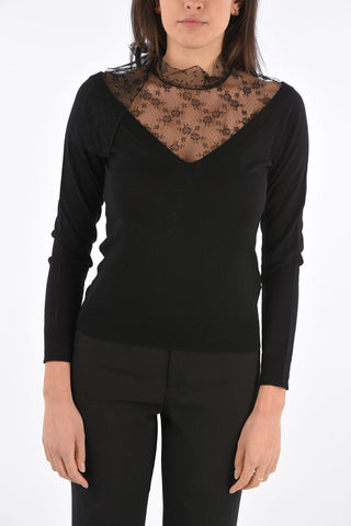 Tie Neck Sweater with Lace Detail