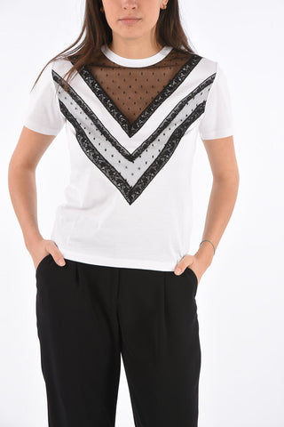 T-shirt Girocollo con Applicazioni in Pizzo