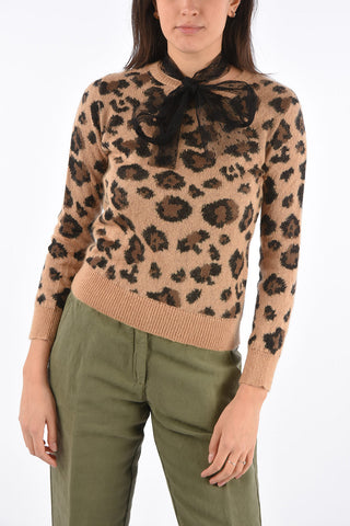 Animal Embroidered Sweater with Tulle Tie Neck