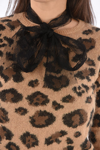Animal Embroidered Sweater with Tulle Tie Neck