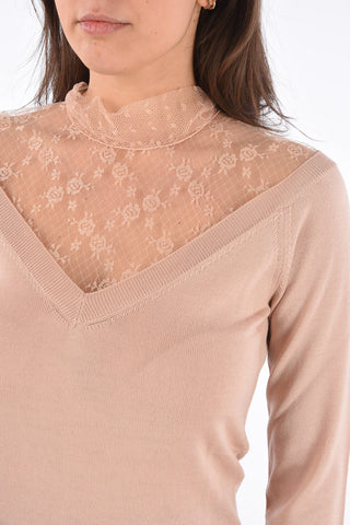 Tie Neck Sweater with Lace Detail
