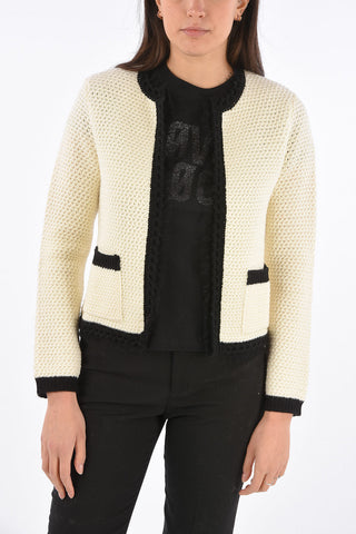 Virgin Wool Cable Knit Cardigan with Tulle Trimmings 