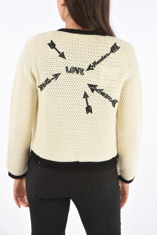 Virgin Wool Cable Knit Cardigan with Tulle Trimmings 