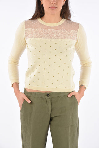 Polka Dots Crewneck Sweater with Tulle Detail