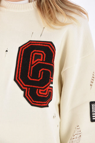 Embroidered Logo Distressed Sweater