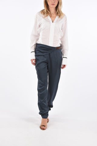 Draped High Waist Pants with Leather Belt