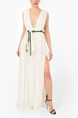 Silk Maxi Draped Dress with Jewel Belt 