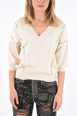 maglia scollo a V in seta e cotone con manica a ¾