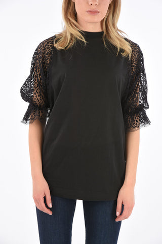 lace sleeve crew-neck t-shirt