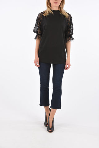 lace sleeve crew-neck t-shirt