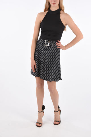striped above knee flared belted skirt