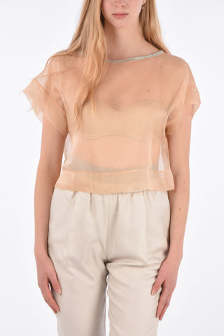 Crop Top in Seta con Girocollo Gioiello