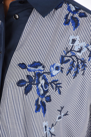 Striped Asymmetrical Shirt with Floral Embroidery