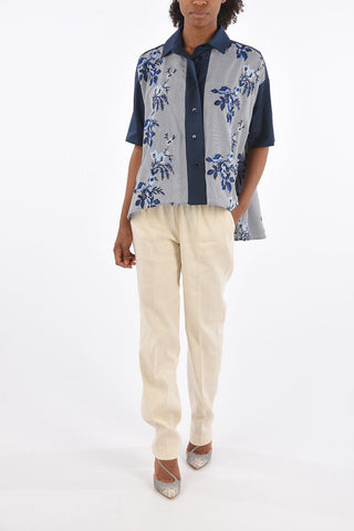 Striped Asymmetrical Shirt with Floral Embroidery