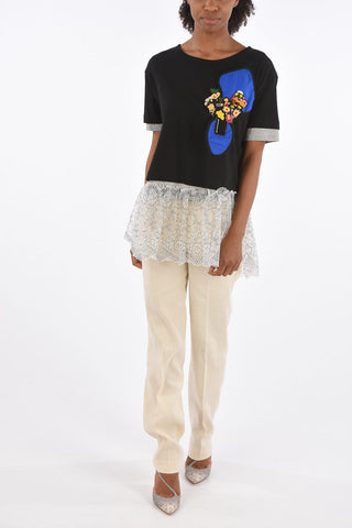 Embroidered T-Shirt with Tulle Application