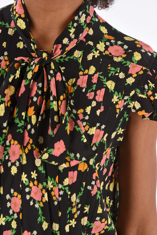 Camicia Maniche Corte Tie Neck in Seta Floreale 