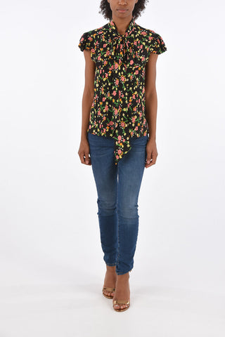 Camicia Maniche Corte Tie Neck in Seta Floreale 