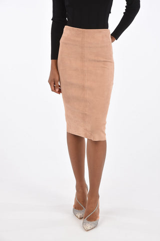 suede leather split-back hem knee lenght pencil skirt