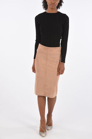 suede leather split-back hem knee lenght pencil skirt