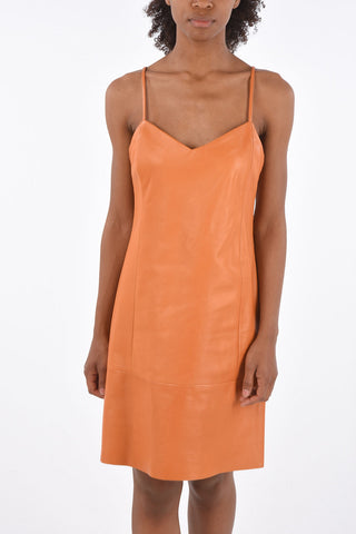 vestito sopra il ginocchio in pelle spaghetti strap
