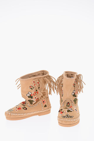 Suede Leather Embroidered Ankle Boot