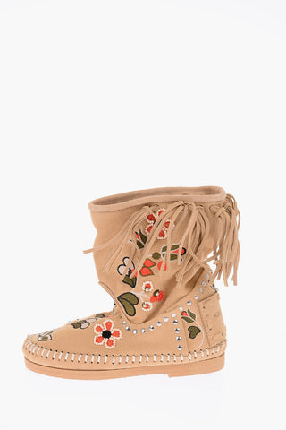Suede Leather Embroidered Ankle Boot