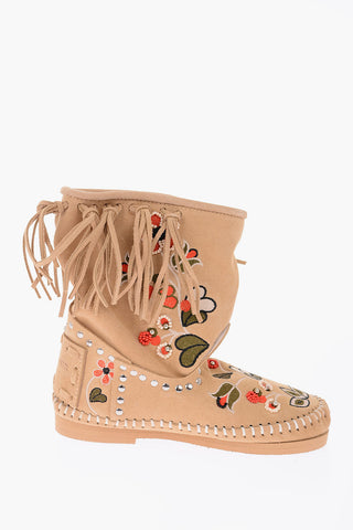 Suede Leather Embroidered Ankle Boot