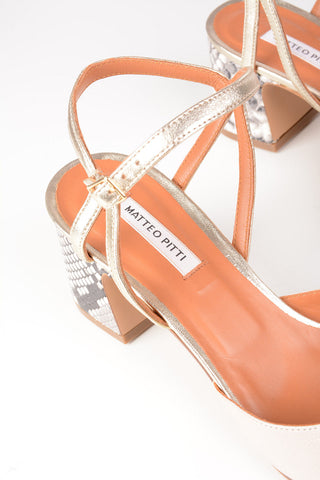 Leather Sandals with Python Skin Block Heel 6cm