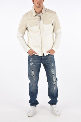 snap button outerwear jacket with leather details