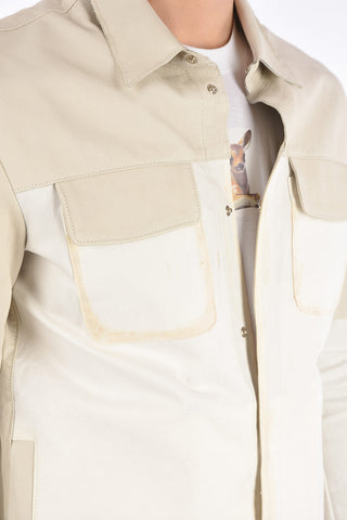 snap button outerwear jacket with leather details