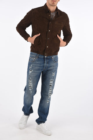 Suede leather snap button outerwear jacket