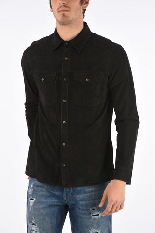 Suede leather snap button shirt