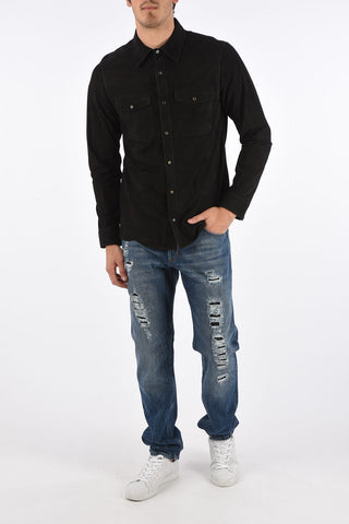 Suede leather snap button shirt
