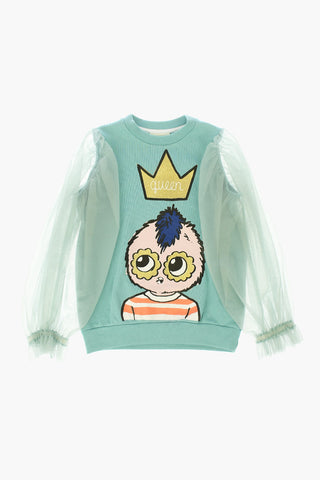 Printed Sweatshirt with Tulle Sleeves