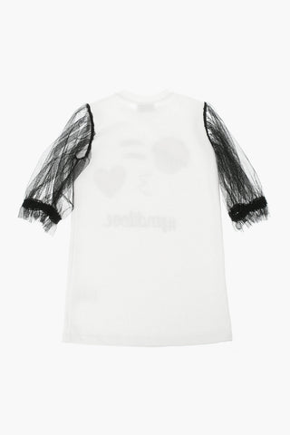Embroidered Dress with Tulle Sleeves